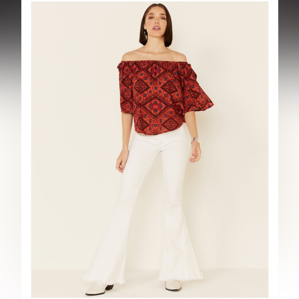 Shyanne Chili Tile Print Tie Sleeve Off-Shoulder Top